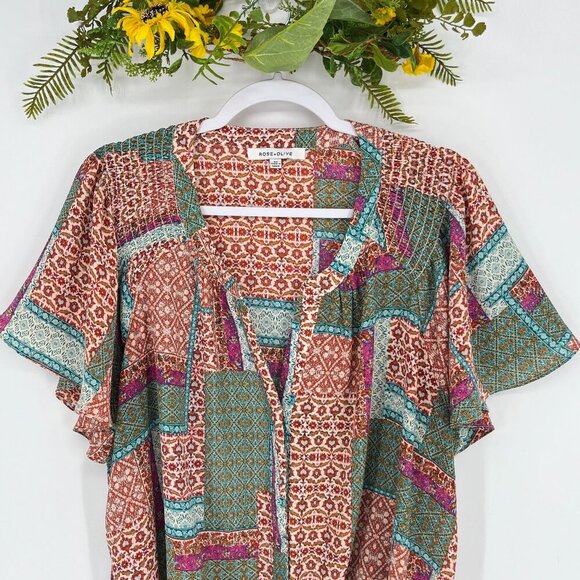 Rose & Olive Women Patchwork Cottagecore Top 2X Smocked Peasant Boho Prairie - Picture 3 of 6
